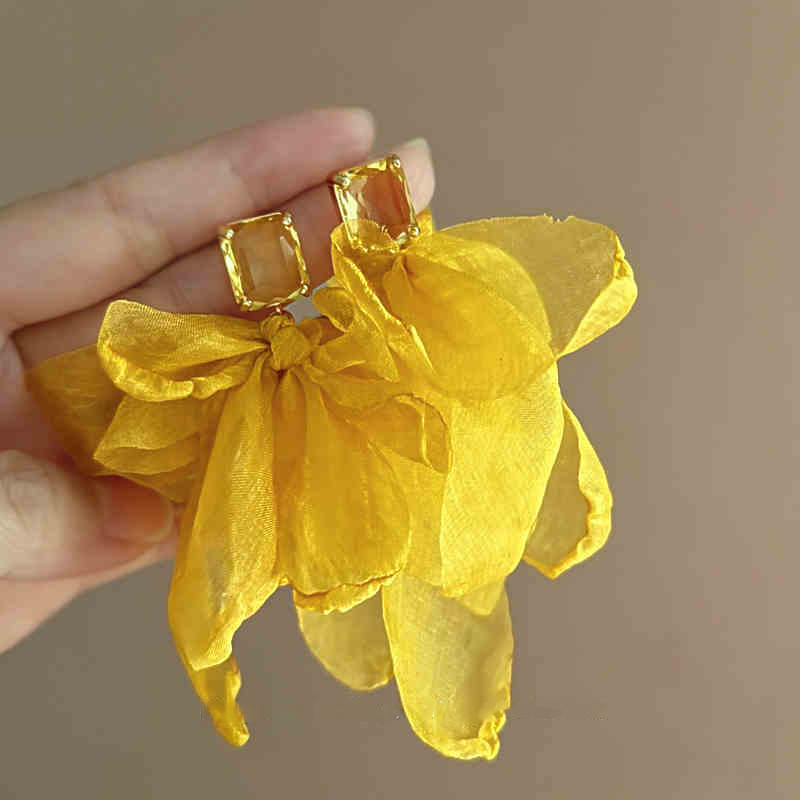 Amber Gem & Sunflower Silk Petal Drop Earring