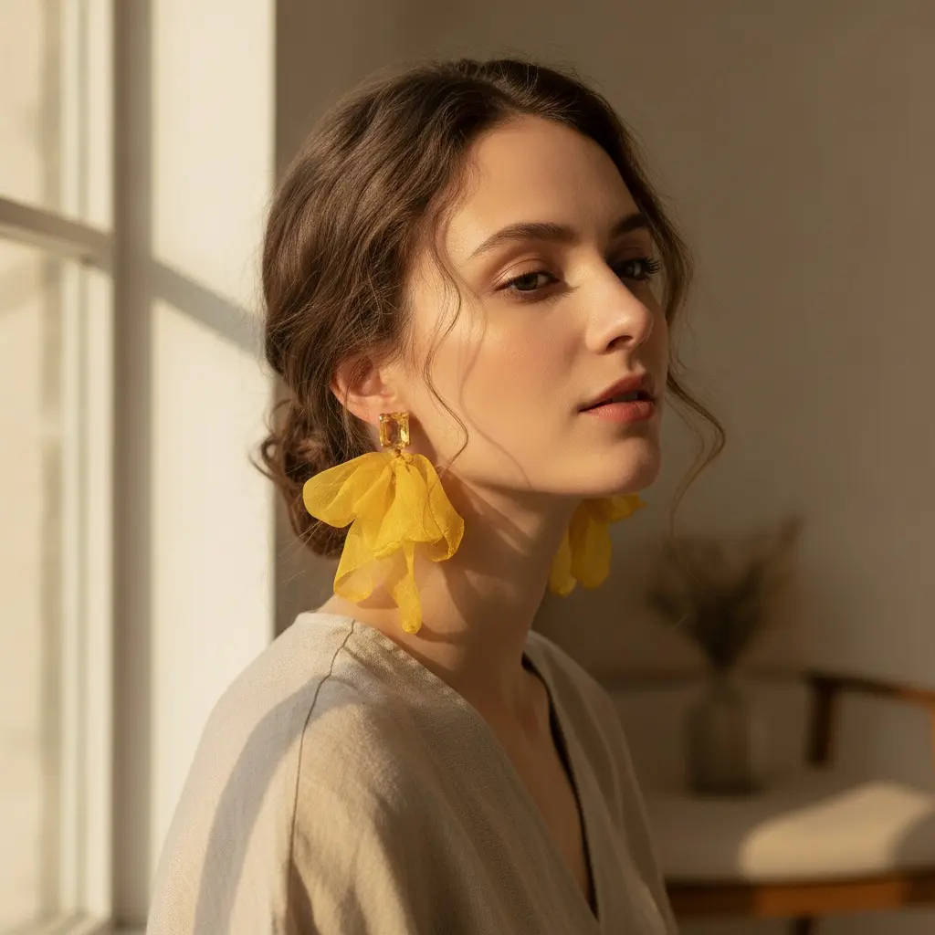 Amber Gem & Sunflower Silk Petal Drop Earring — view 2