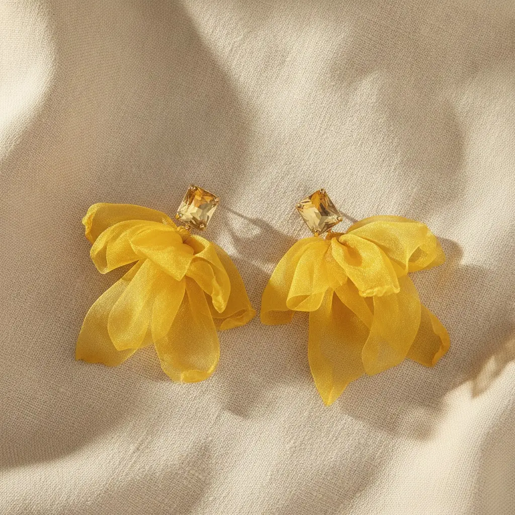 Amber Gem & Sunflower Silk Petal Drop Earring — view 3