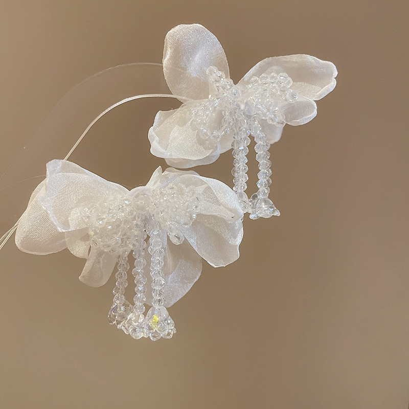 White Organza Bow & Crystal Chain Drop Earring