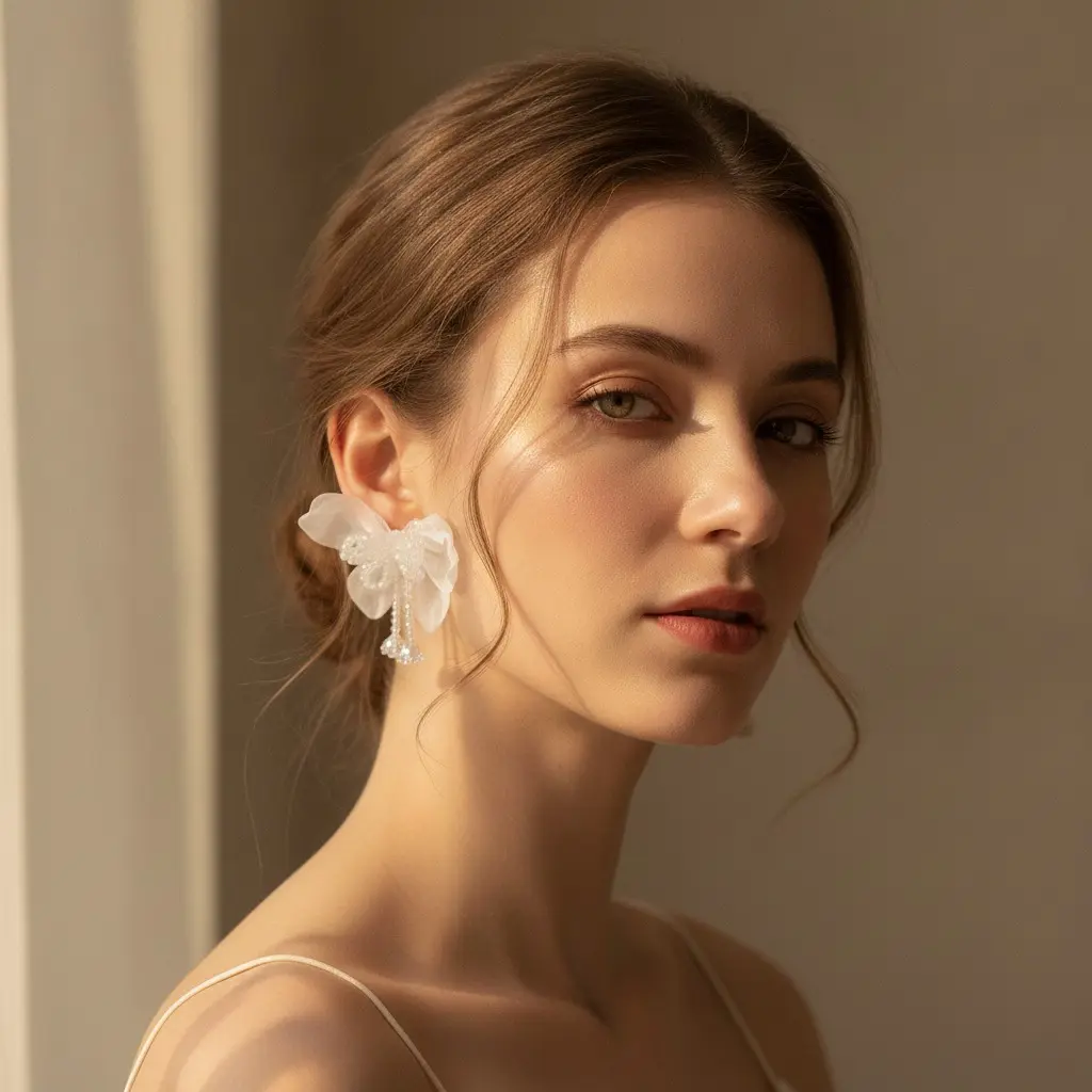 White Organza Bow & Crystal Chain Drop Earring — view 2