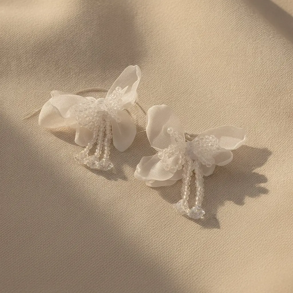 White Organza Bow & Crystal Chain Drop Earring — view 3