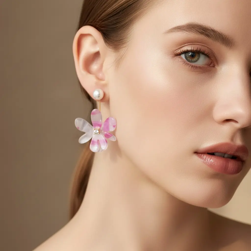 Fuchsia Marble Acrylic Bloom Hook Earring — view 3