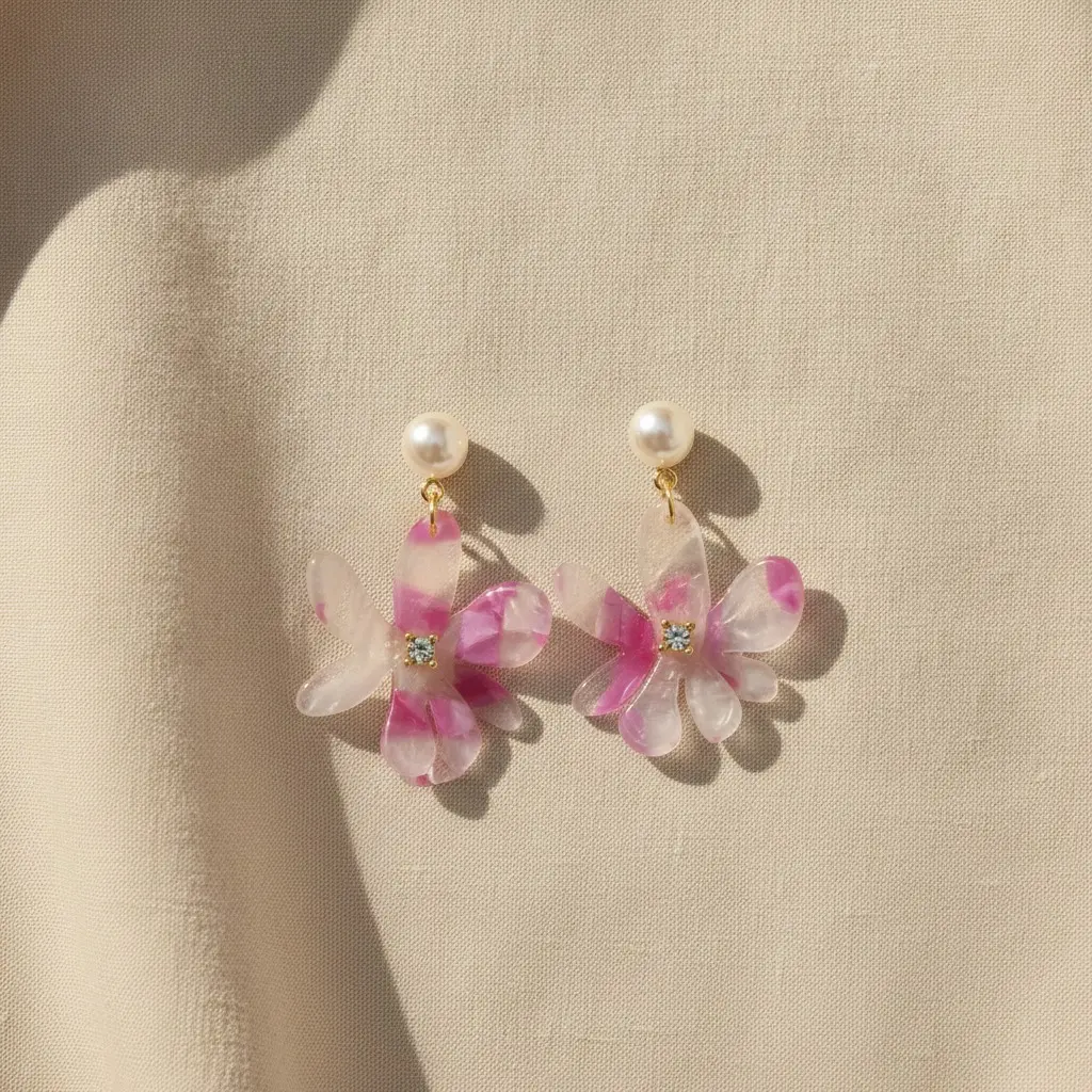 Fuchsia Marble Acrylic Bloom Hook Earring — view 4