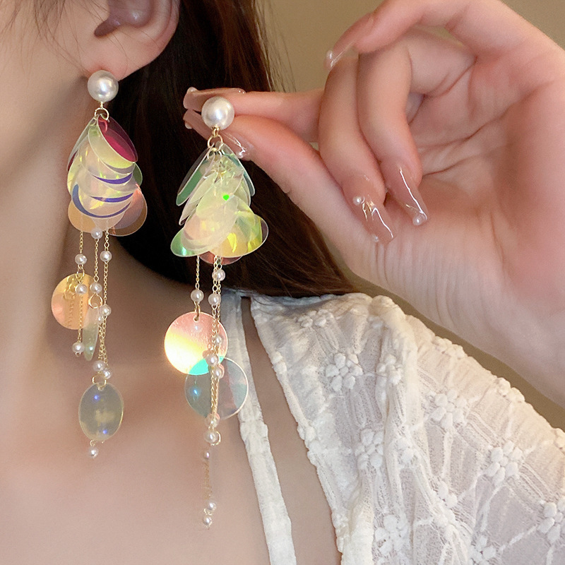 Holographic Sequin & Pearl Fringe Drop Earring