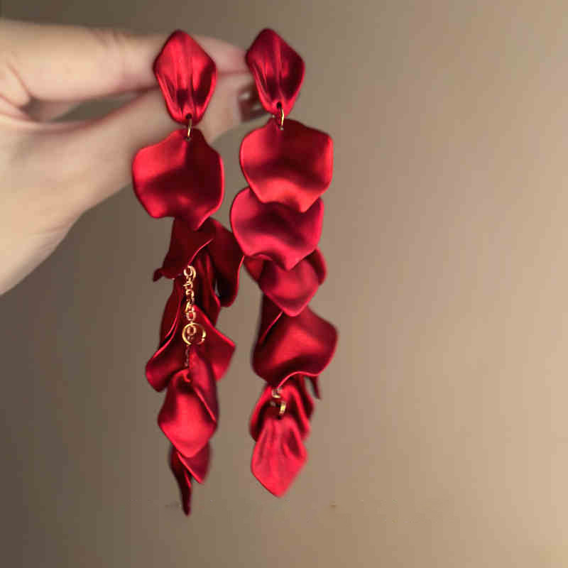 Scarlet Satin Petal Stack Drop Earring