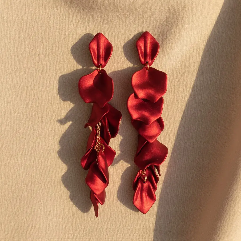 Scarlet Satin Petal Stack Drop Earring — view 2