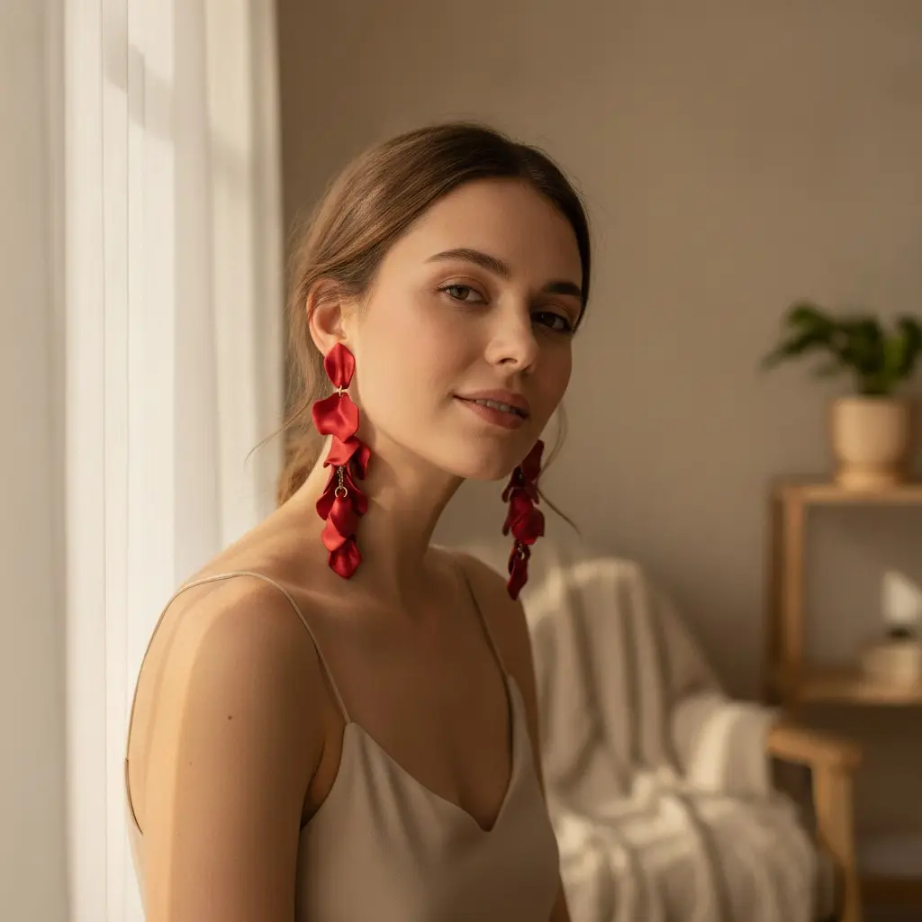 Scarlet Satin Petal Stack Drop Earring — view 3