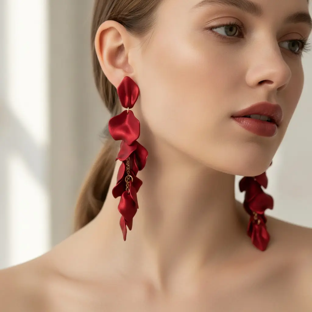 Scarlet Satin Petal Stack Drop Earring — view 4