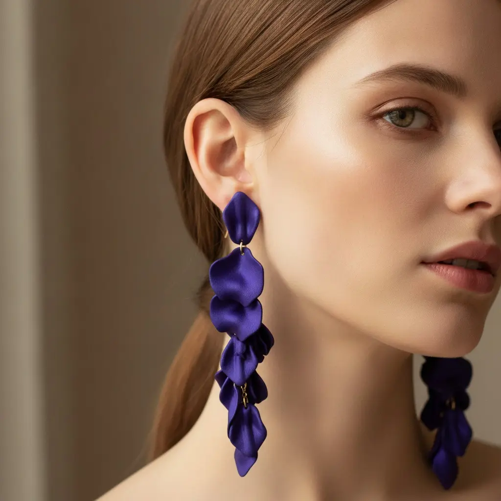 Cobalt Satin Petal Stack Drop Earring — view 2
