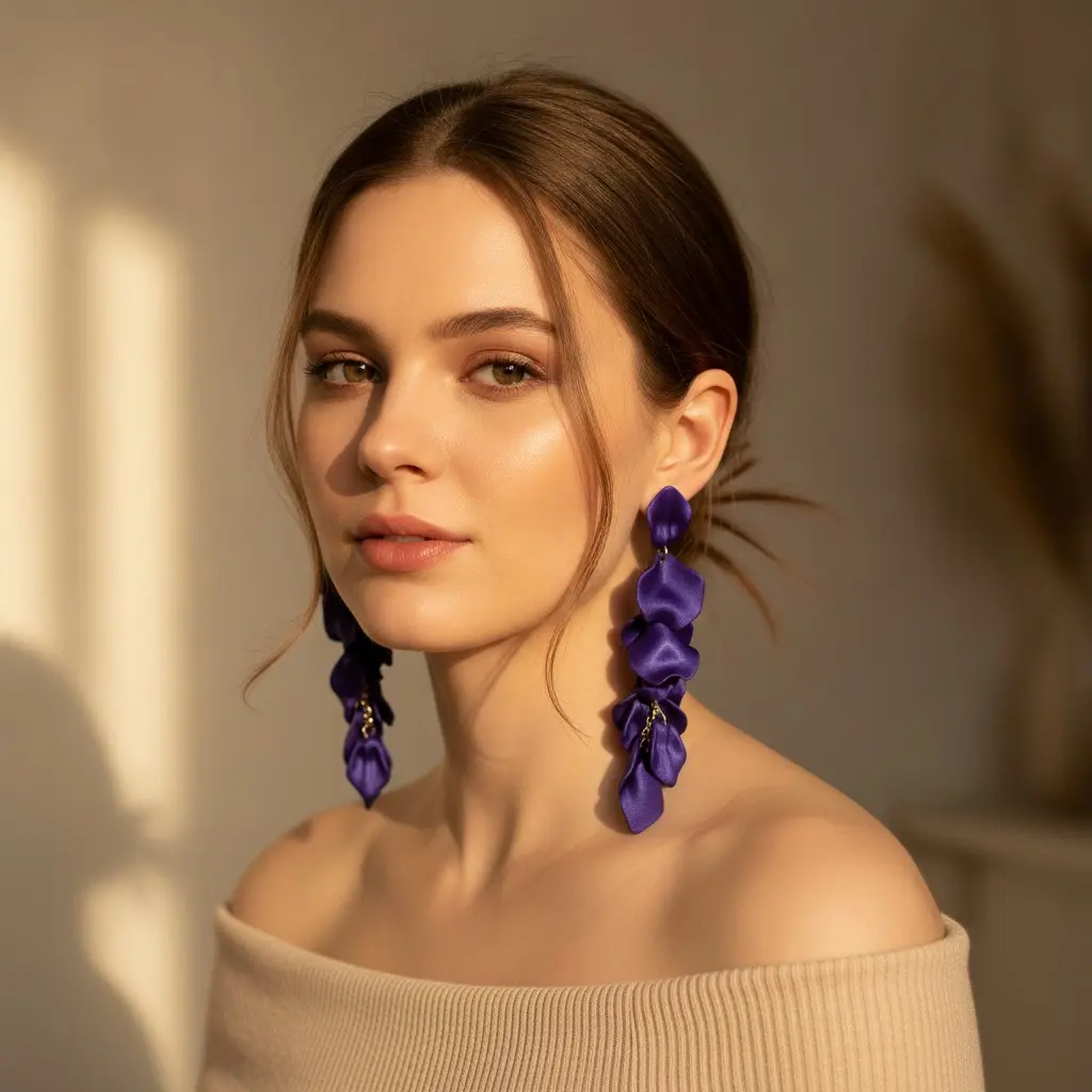Cobalt Satin Petal Stack Drop Earring — view 3