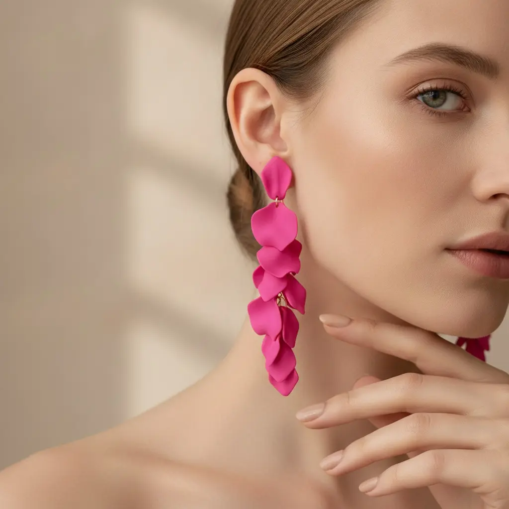 Neon Fuchsia Satin Petal Stack Drop Earring — view 2
