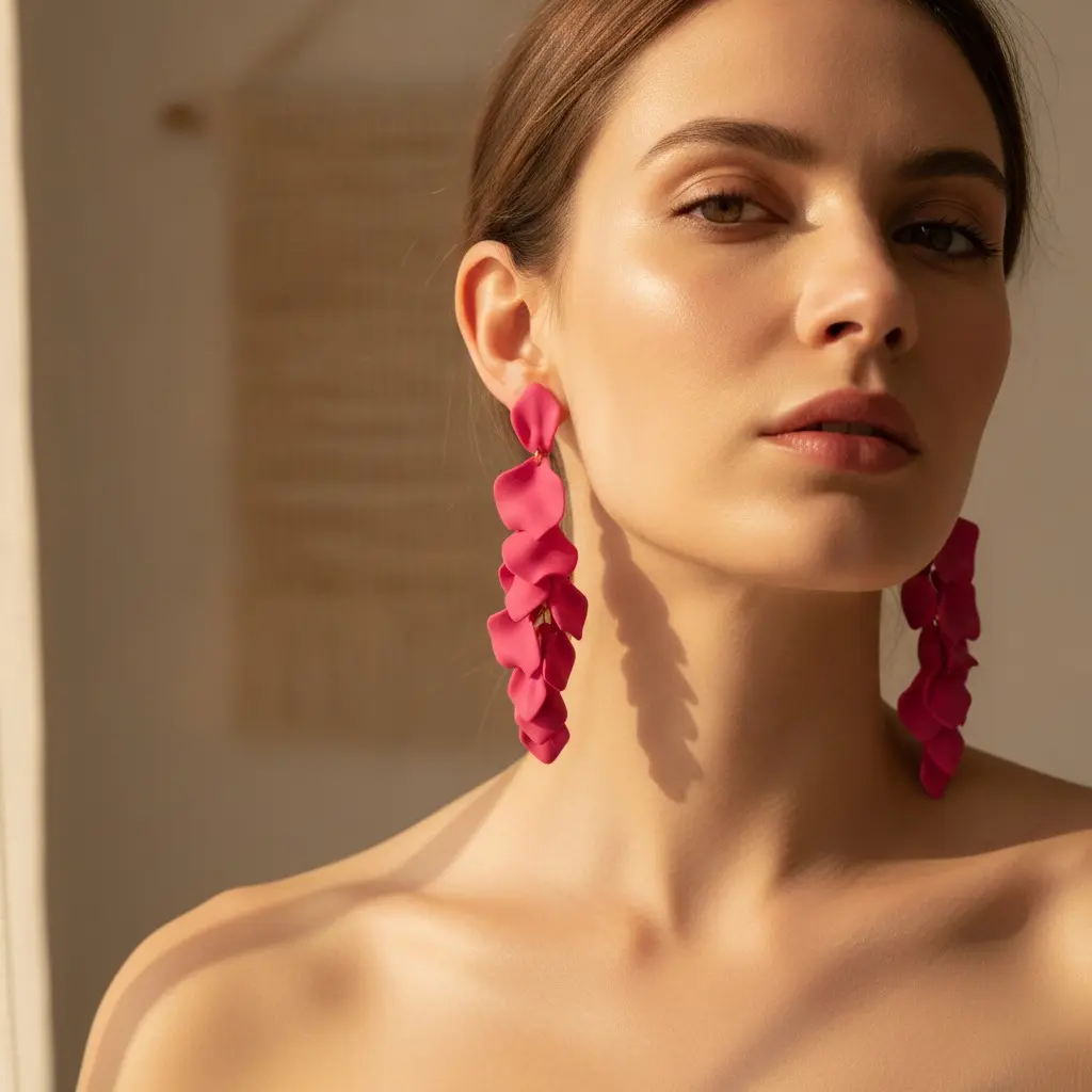 Neon Fuchsia Satin Petal Stack Drop Earring — view 3