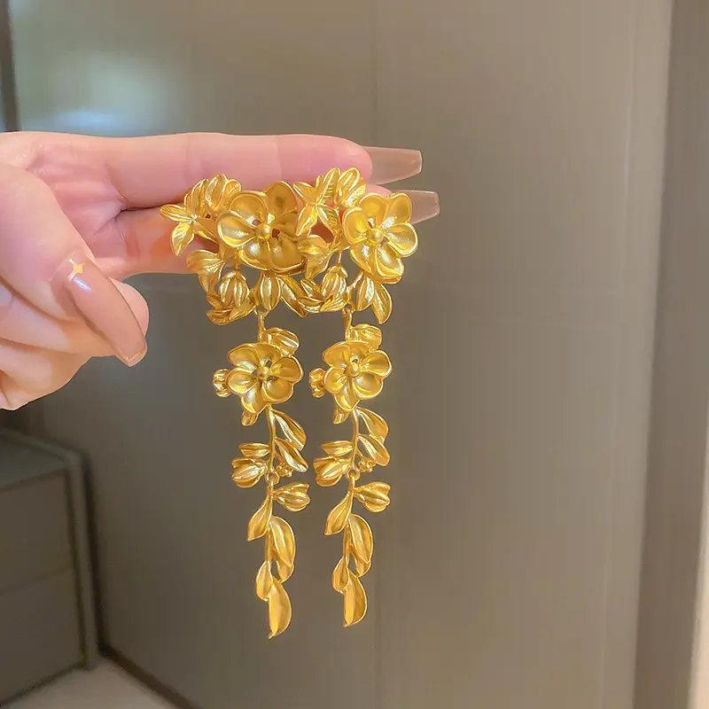 Gilded Wisteria Flower & Leaf Drop Earring — front view