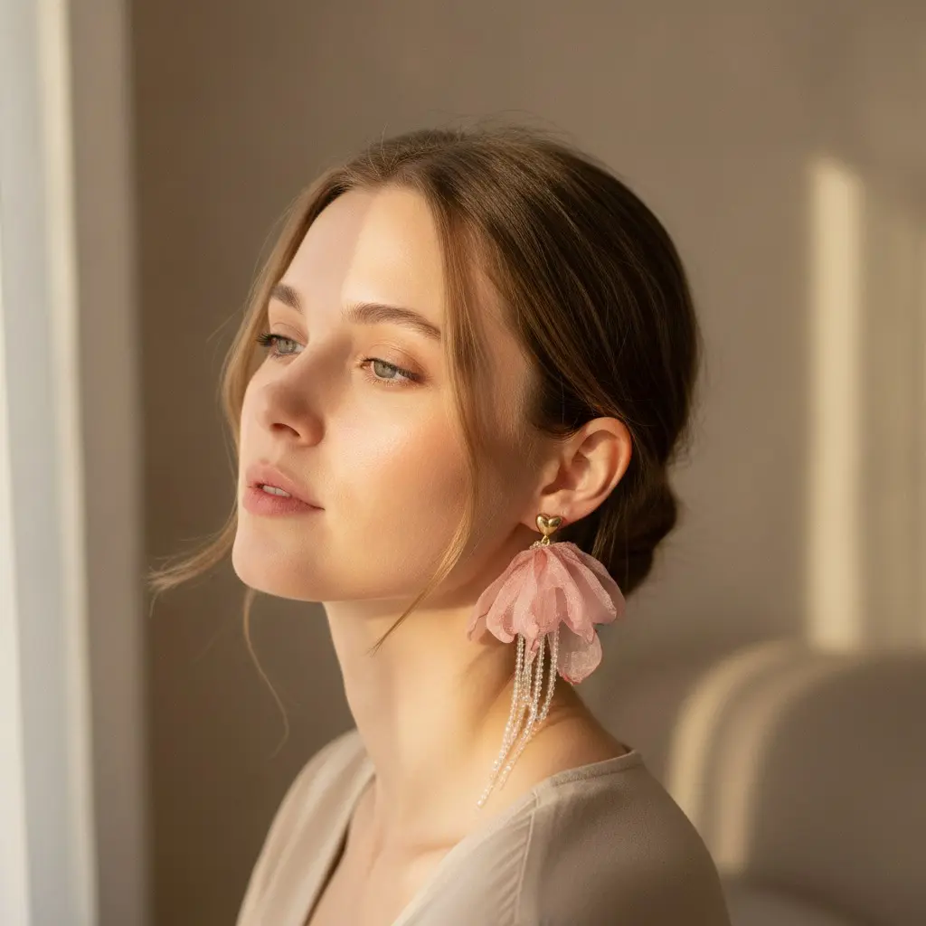 Dusty Rose Petal & Gold Heart Drop Earring — view 2