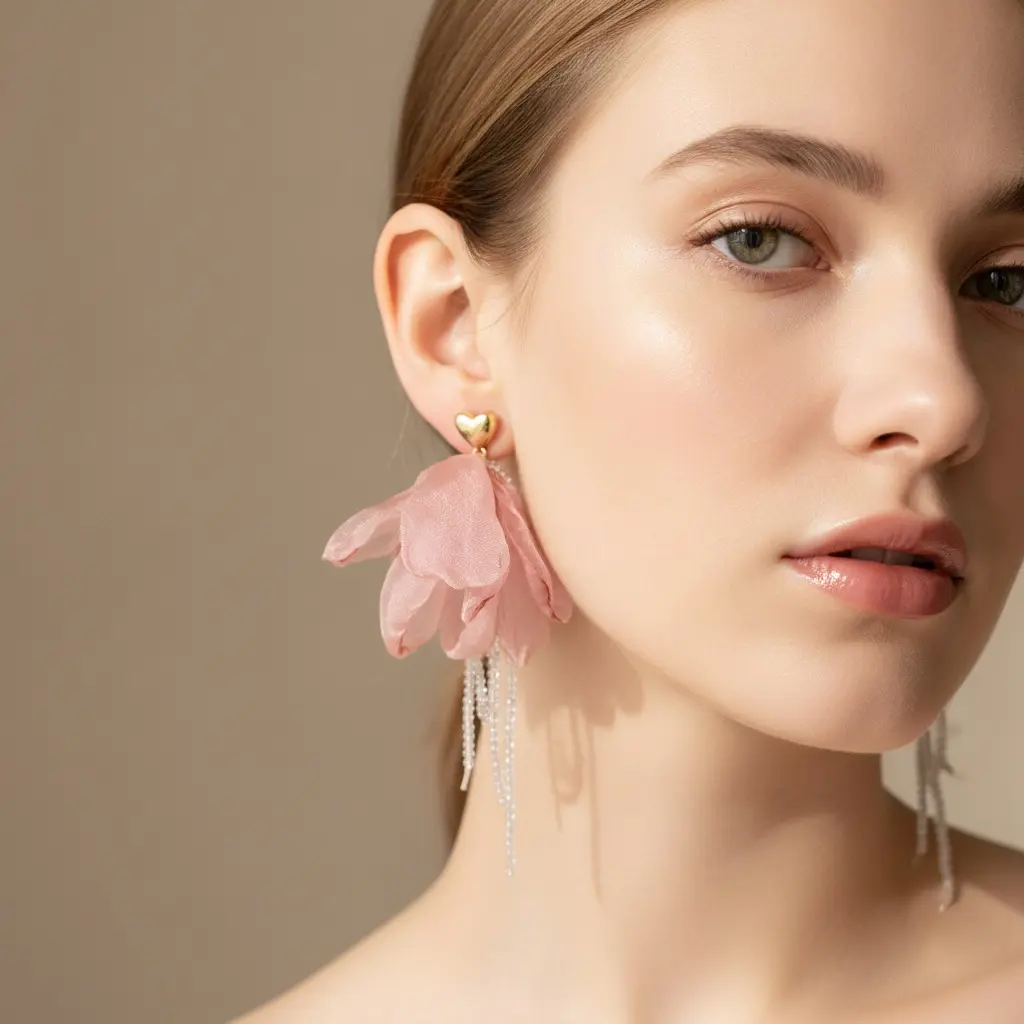 Dusty Rose Petal & Gold Heart Drop Earring — view 3