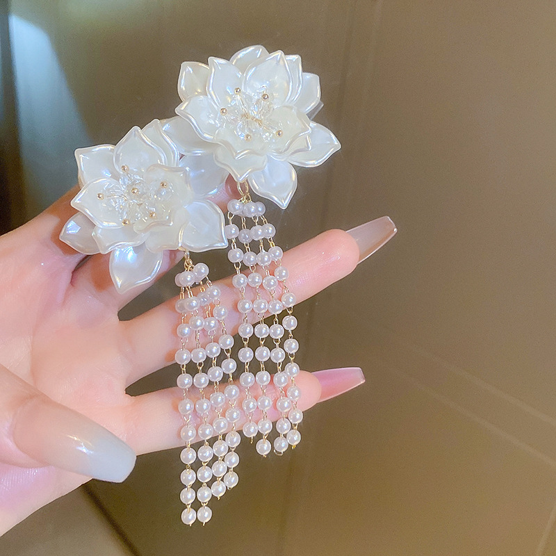 Pearlescent Lotus & Pearl Tassel Drop Earring