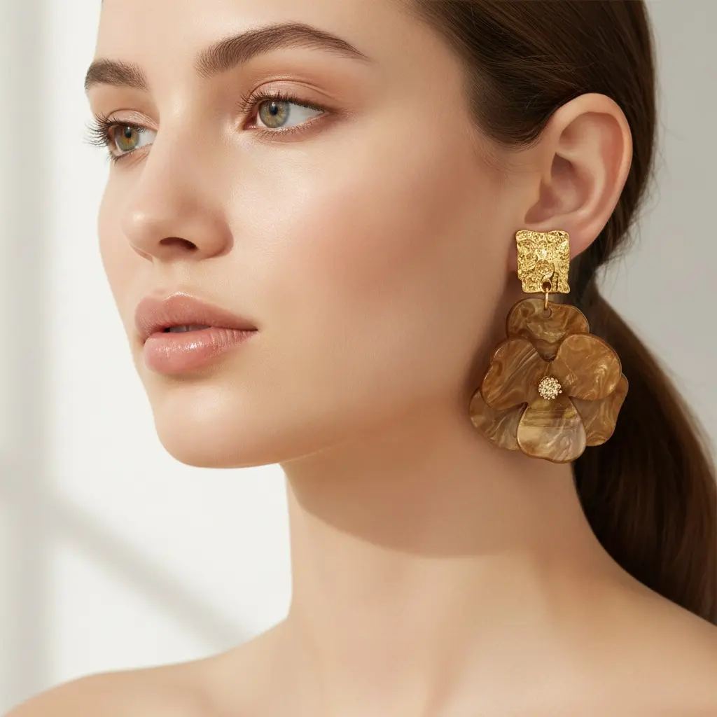 Toffee Marble Acrylic Pansy Drop Earring — view 2