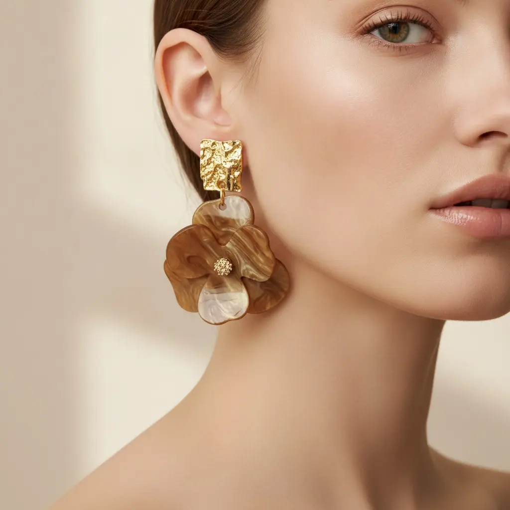 Toffee Marble Acrylic Pansy Drop Earring — view 3