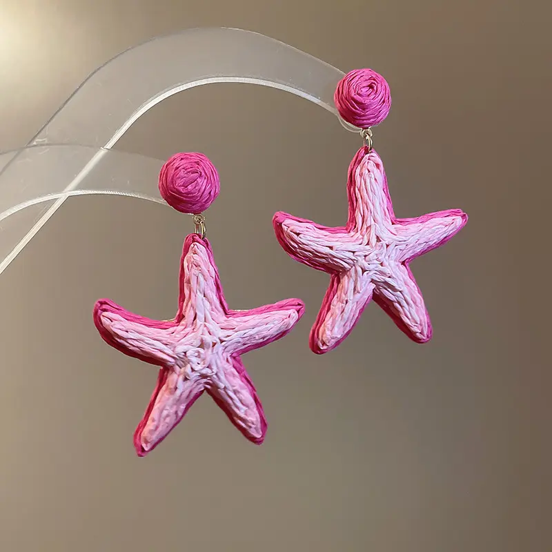Fuchsia Ombre Raffia Starfish Drop Earring — front view