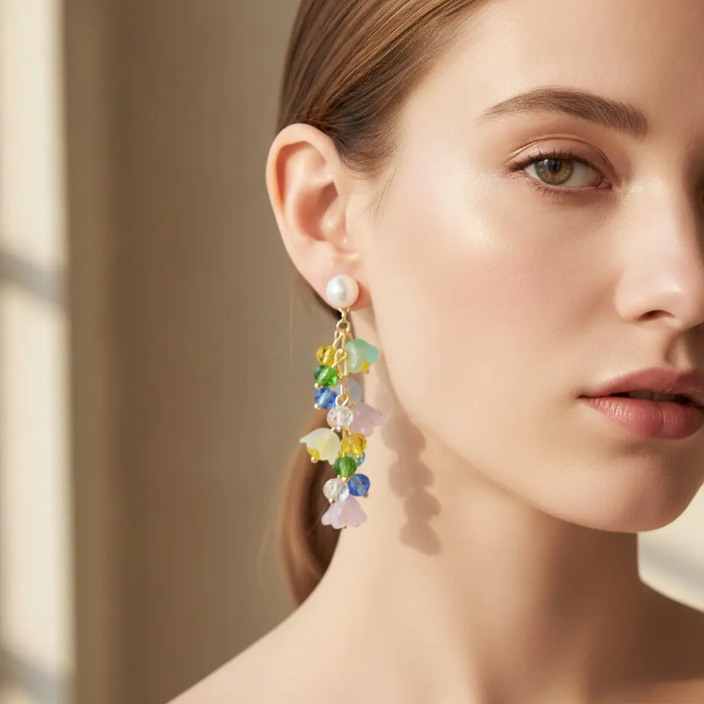 Pastel Bell Flower & Jewel Strand Drop Earring — view 4