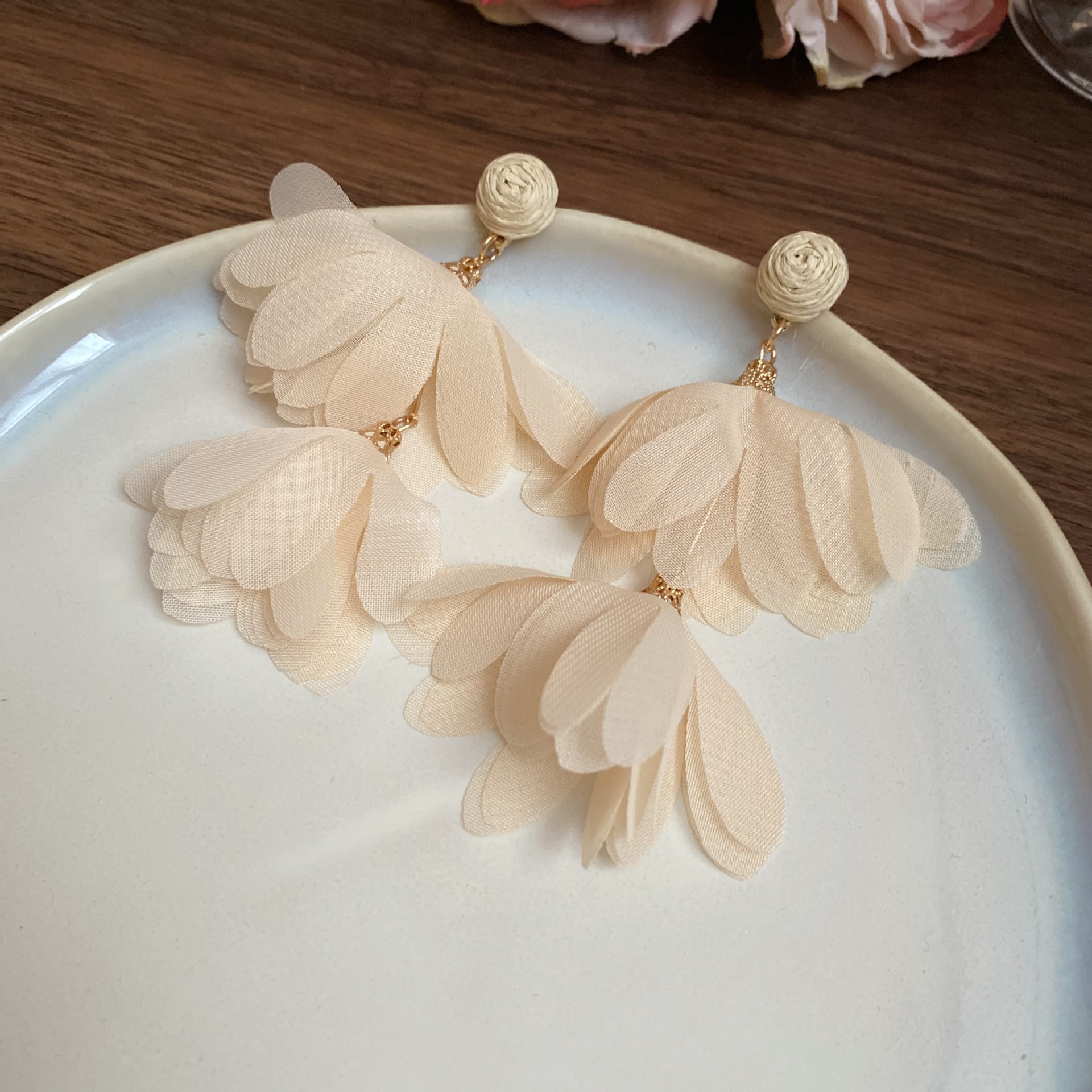 Champagne Chiffon Petal Pom Drop Earring