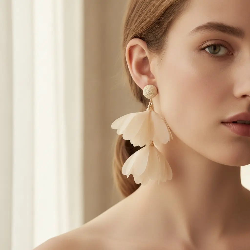 Champagne Chiffon Petal Pom Drop Earring — view 2