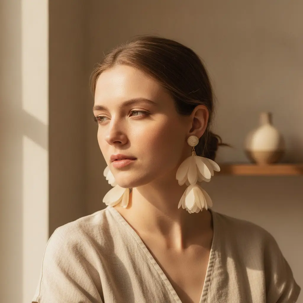 Champagne Chiffon Petal Pom Drop Earring — view 3