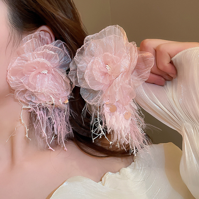 Blush Organza Bloom & Feather Drop Earring