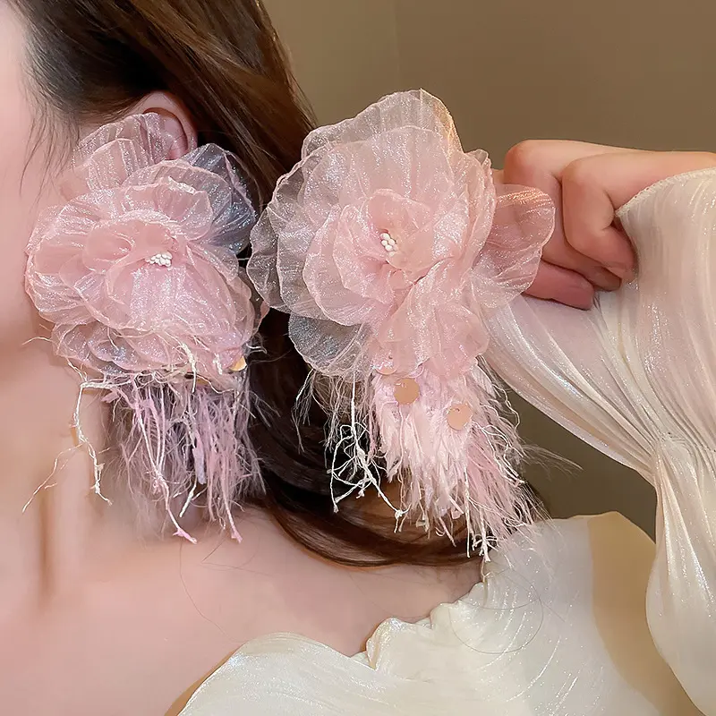 Blush Organza Bloom & Feather Drop Earring — front view