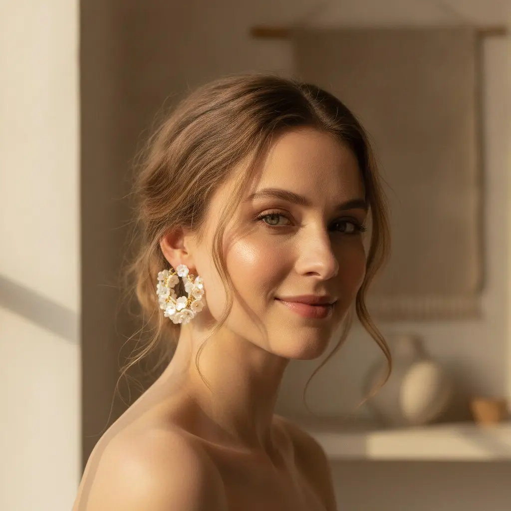 Pearl Shell Flower Wreath Hoop Earring — view 2