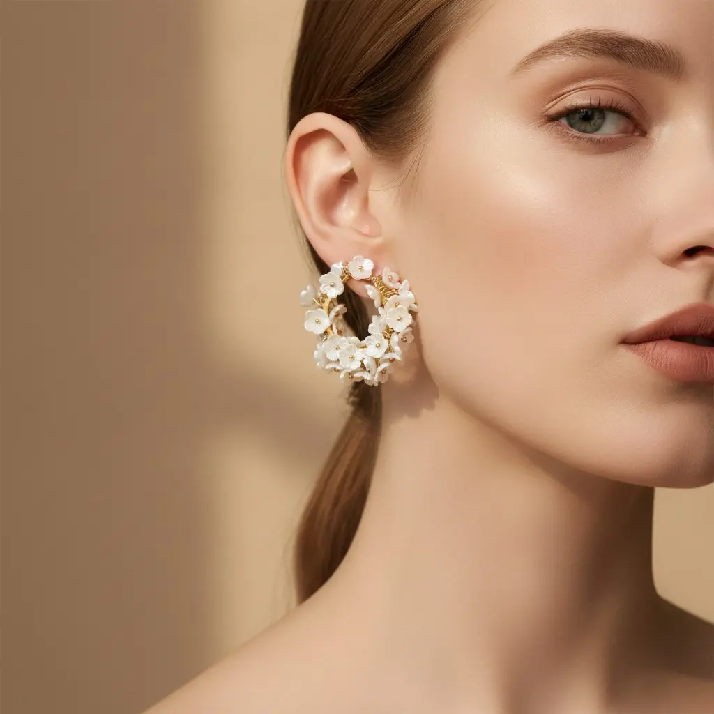 Pearl Shell Flower Wreath Hoop Earring — view 3