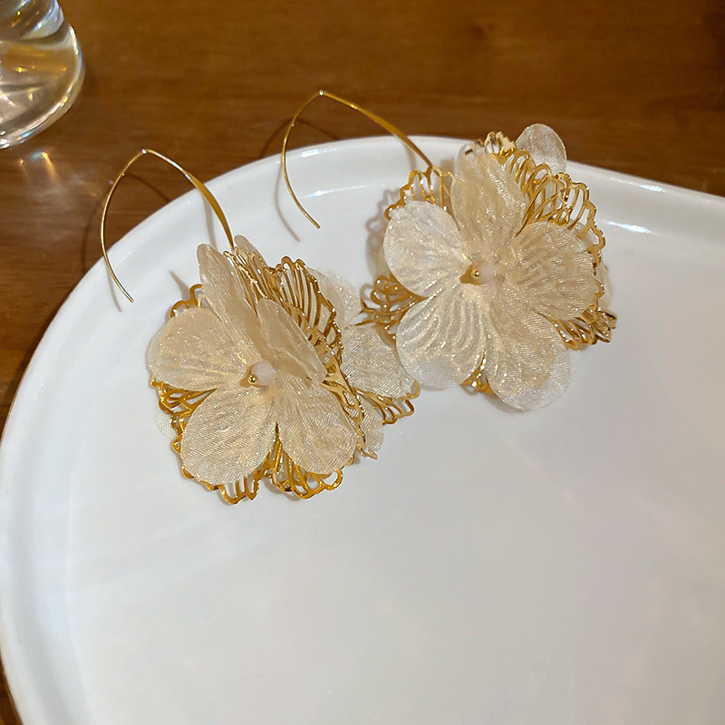 Ivory Organza Peony Gold Wire Hook Earring