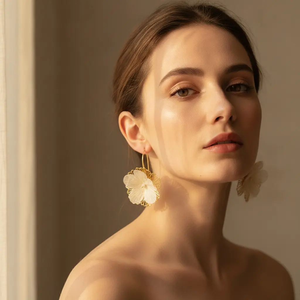 Ivory Organza Peony Gold Wire Hook Earring — view 3