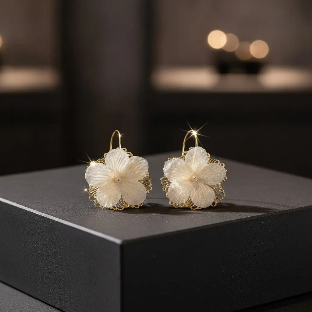 Ivory Organza Peony Gold Wire Hook Earring — view 4