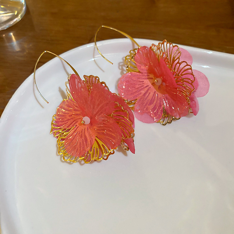 Coral Organza Peony Gold Wire Hook Earring