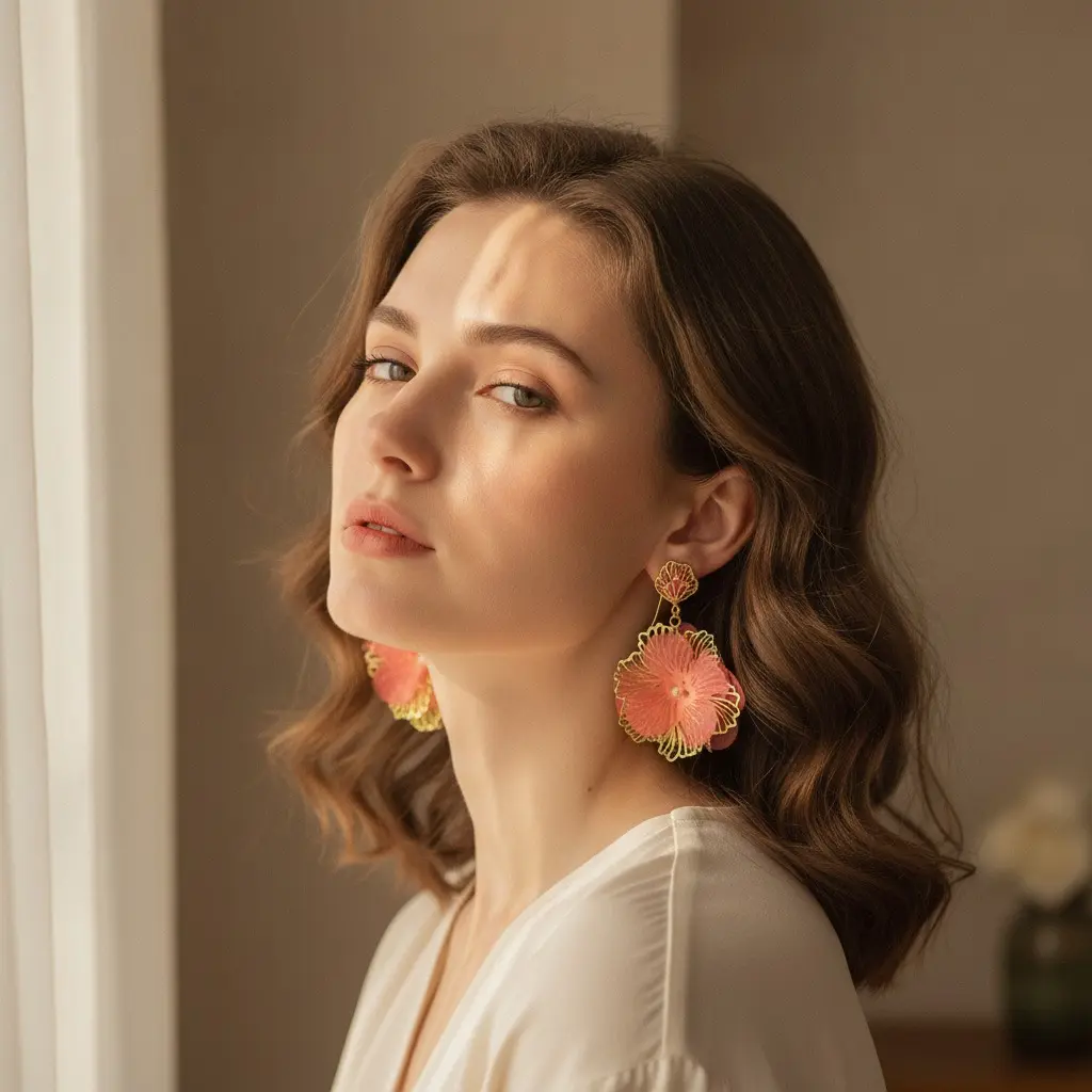 Coral Organza Peony Gold Wire Hook Earring — view 3