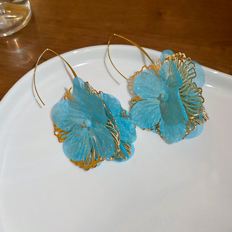 Aqua Organza Peony Gold Wire Hook Earring