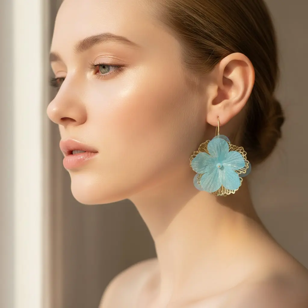 Aqua Organza Peony Gold Wire Hook Earring — view 3
