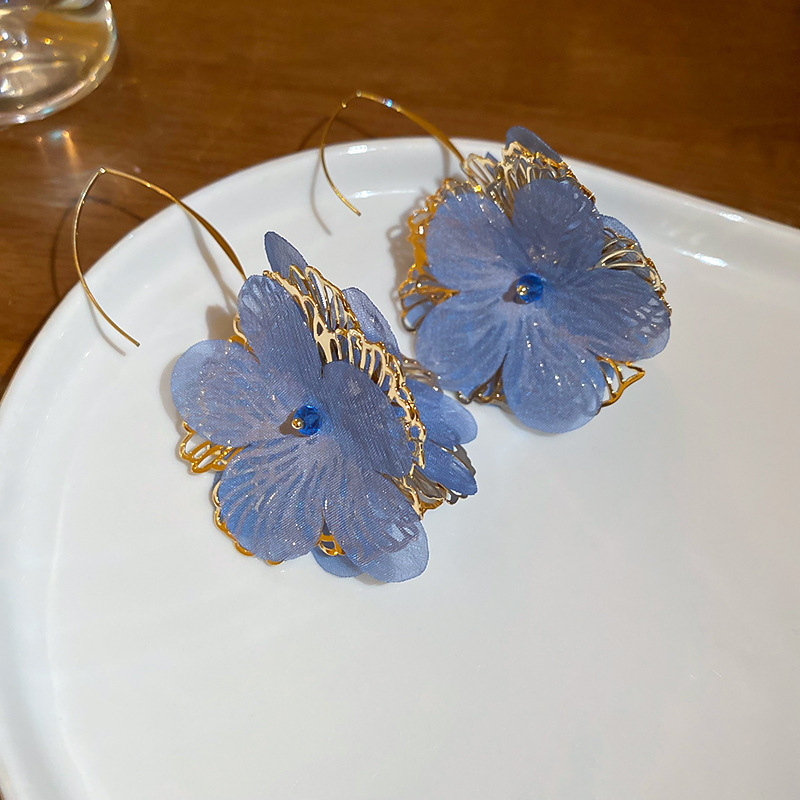 Periwinkle Organza Peony Gold Wire Hook Earring