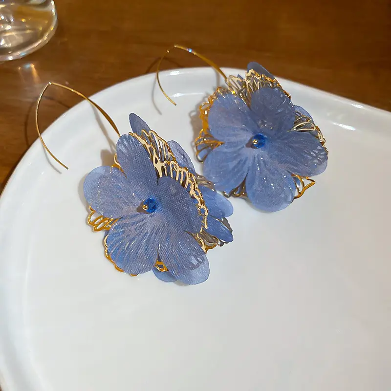 Periwinkle Organza Peony Gold Wire Hook Earring — front view