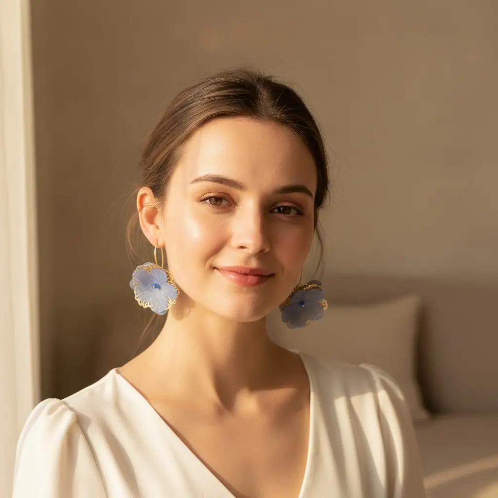 Periwinkle Organza Peony Gold Wire Hook Earring — view 2
