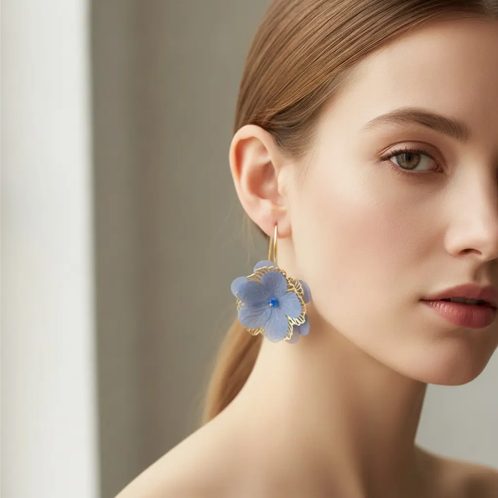 Periwinkle Organza Peony Gold Wire Hook Earring — view 3