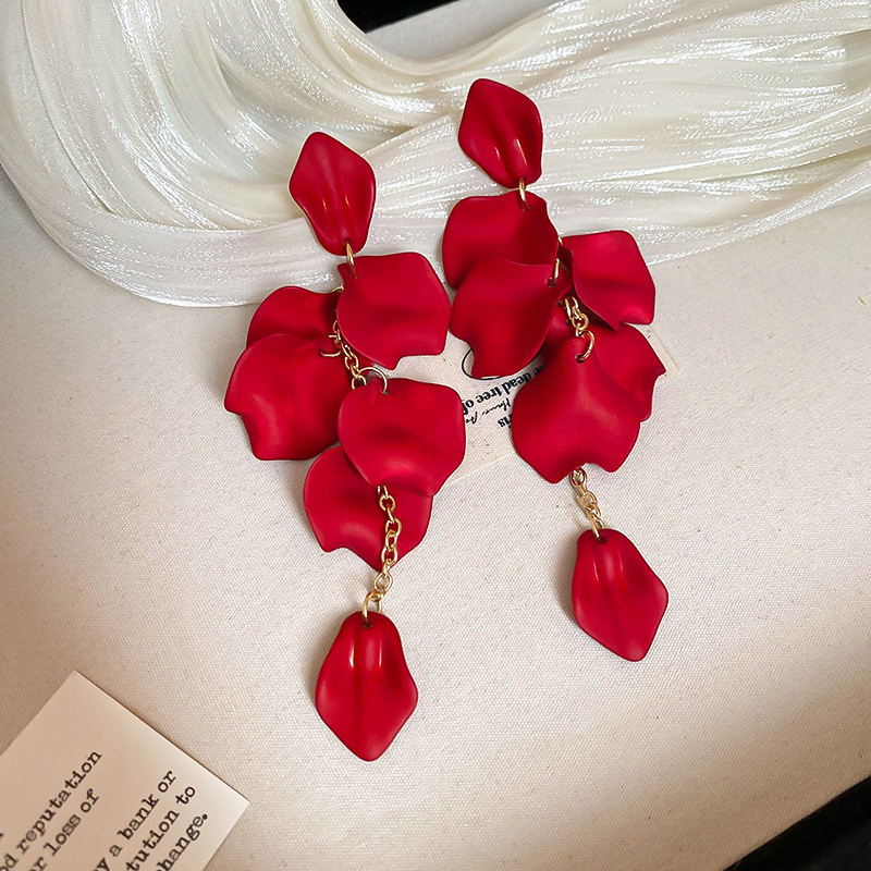 Scarlet Matte Petal Cascade Drop Earring