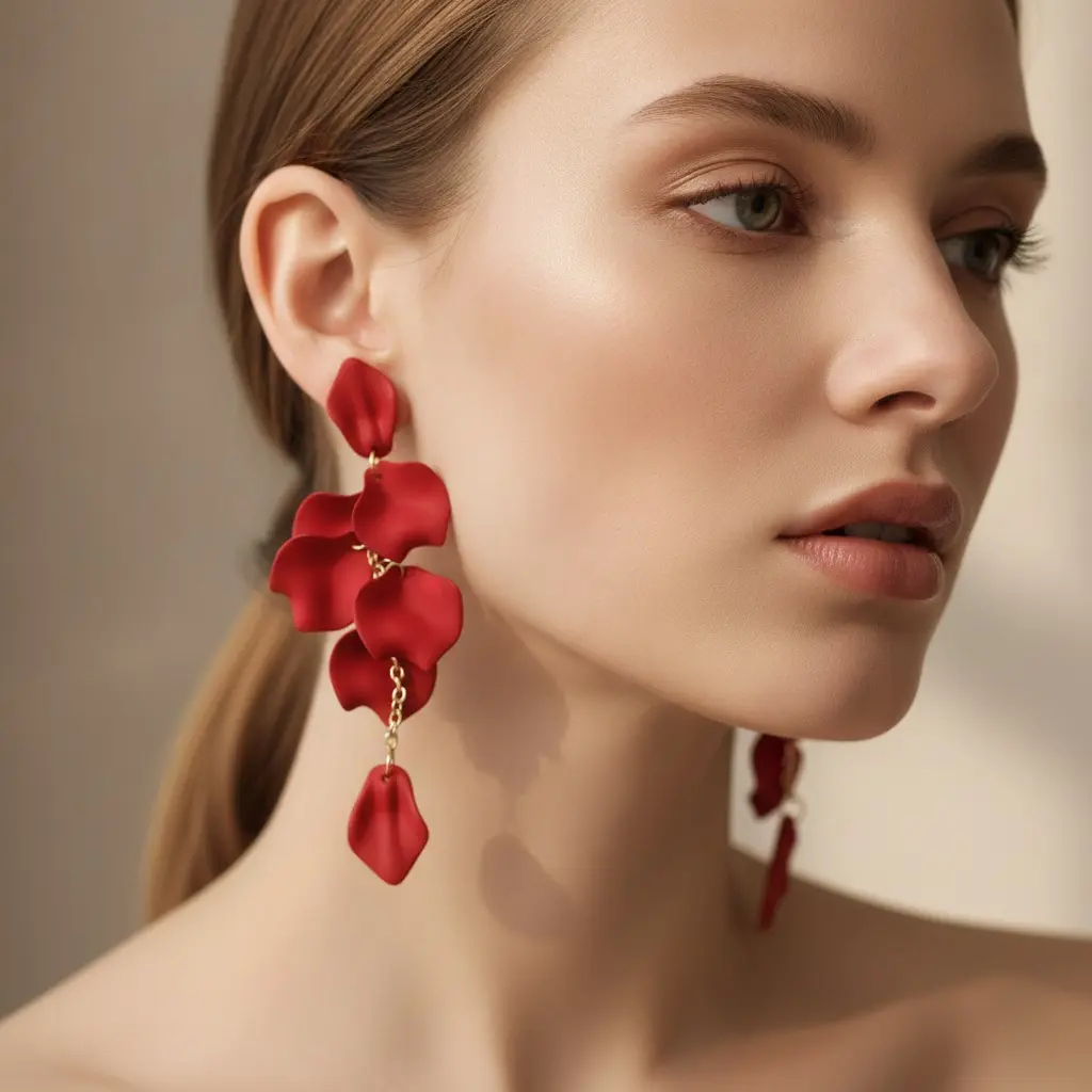 Scarlet Matte Petal Cascade Drop Earring — view 2