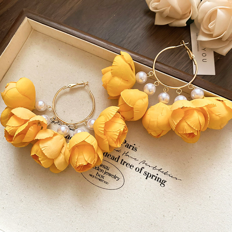 Sunflower Tulip Pearl Hoop Drop Earring — Earring tassels from Mowey Studio