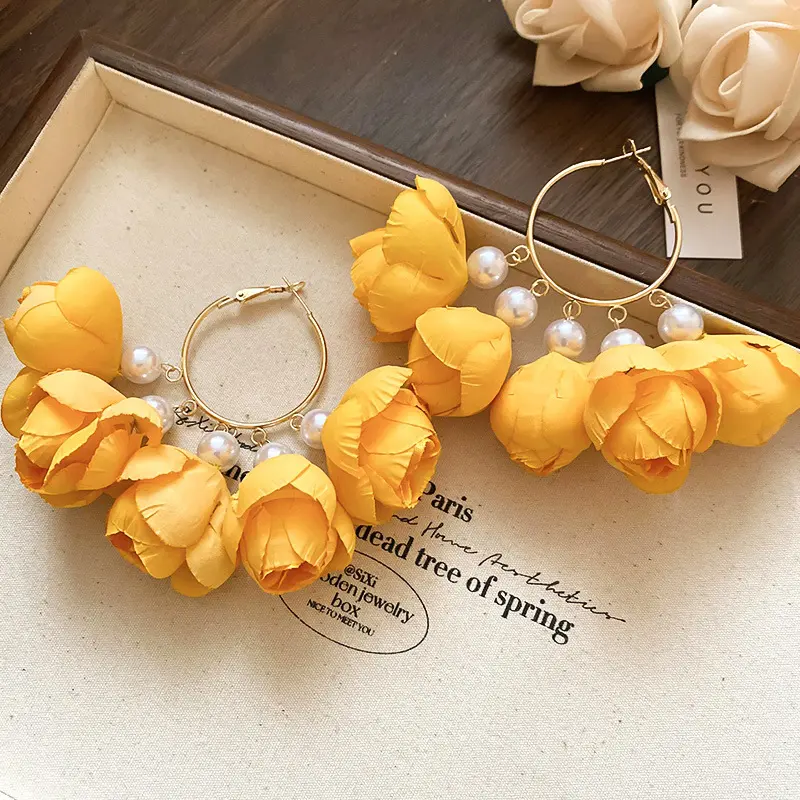 Sunflower Tulip Pearl Hoop Drop Earring — Earring tassels from Mowey Studio