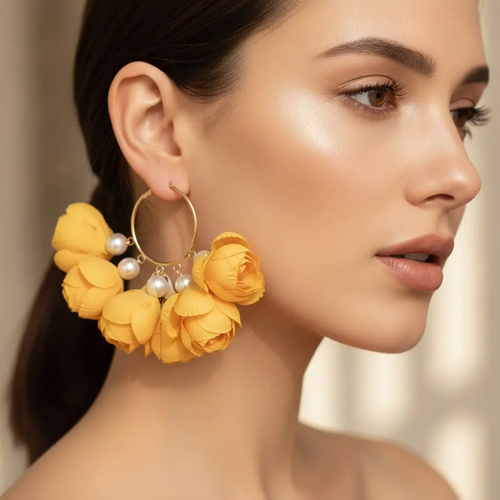 Sunflower Tulip Pearl Hoop Drop Earring — view 2