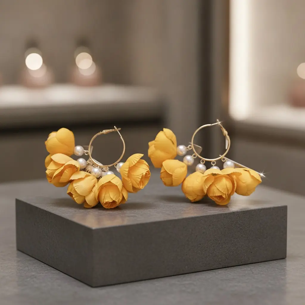 Sunflower Tulip Pearl Hoop Drop Earring — view 4