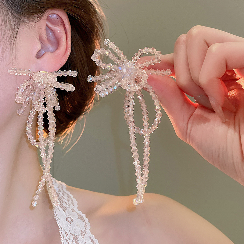Aurora Crystal Bow Tassel Drop Earring